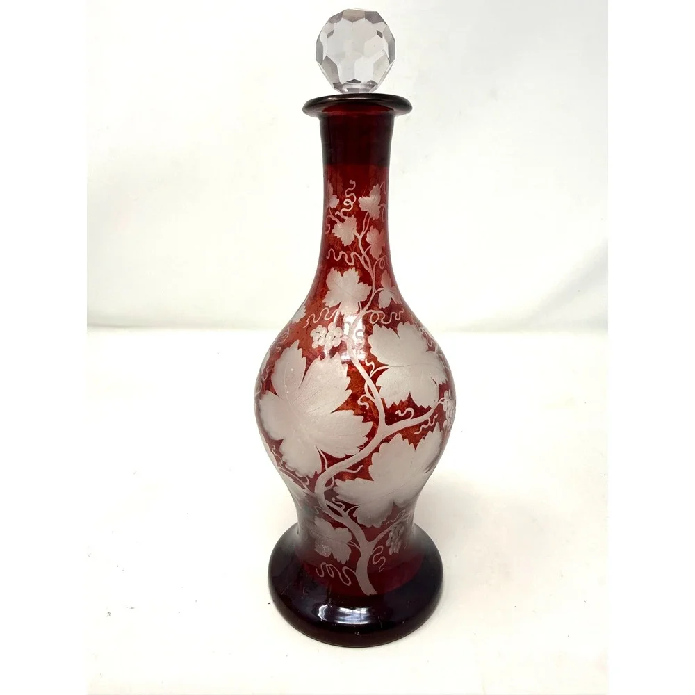 Vintage Bohemian Ruby Red Flashed Glass Decanter Etched Grape Vine Stopper